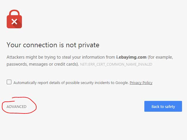 Accept certificate error in Google Chrome, step 2